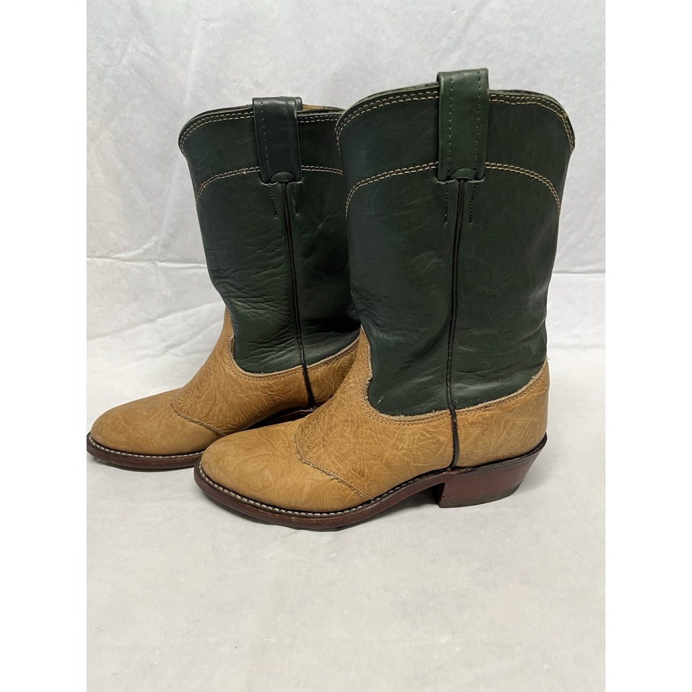 Larry Mahan Nocona Boots 6.5B Smooth Ostrich Green Tan Cowboy Boots Made in USA